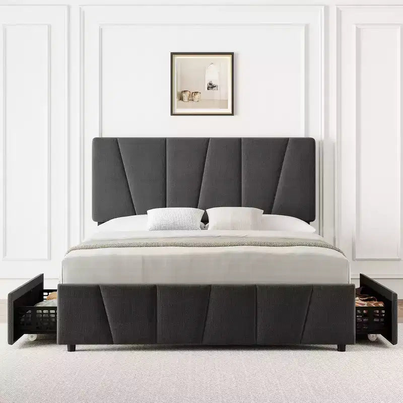 Cadre de lit plateforme rembourré avec tête de lit réglable et tiroirs de rangement, lattes en bois, aucun sommier requis, chambre moderne
