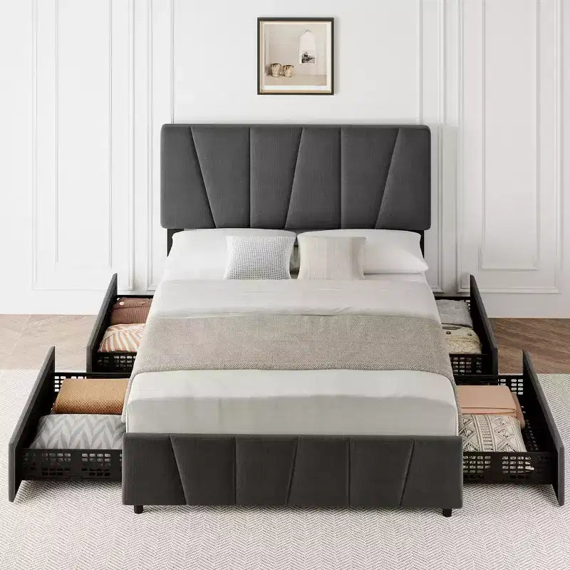 Cadre de lit plateforme rembourré avec tête de lit réglable et tiroirs de rangement, lattes en bois, aucun sommier requis, chambre moderne