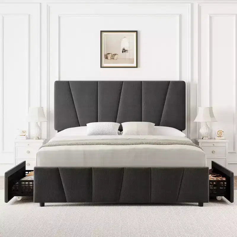 Cadre de lit plateforme rembourré avec tête de lit réglable et tiroirs de rangement, lattes en bois, aucun sommier requis, chambre moderne