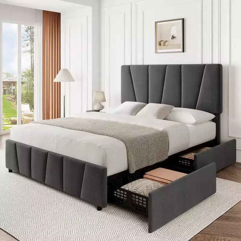 Cadre de lit plateforme rembourré avec tête de lit réglable et tiroirs de rangement, lattes en bois, aucun sommier requis, chambre moderne
