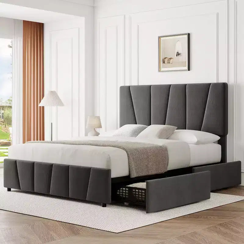 Cadre de lit plateforme rembourré avec tête de lit réglable et tiroirs de rangement, lattes en bois, aucun sommier requis, chambre moderne