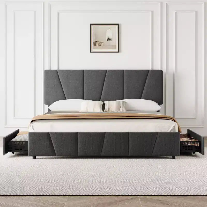 Cadre de lit plateforme rembourré avec tête de lit réglable et tiroirs de rangement, lattes en bois, aucun sommier requis, chambre moderne