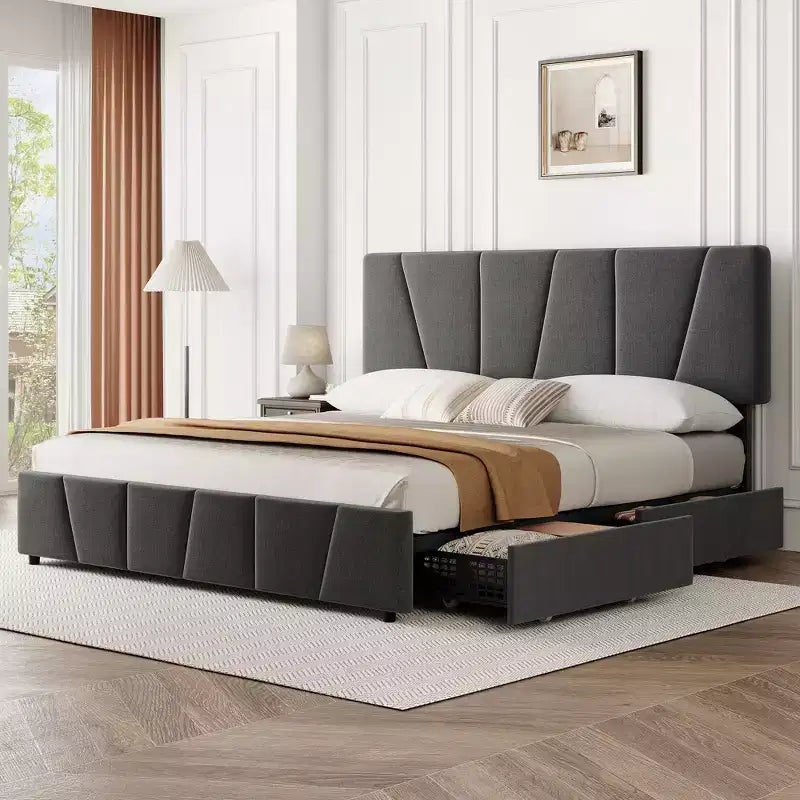 Cadre de lit plateforme rembourré avec tête de lit réglable et tiroirs de rangement, lattes en bois, aucun sommier requis, chambre moderne