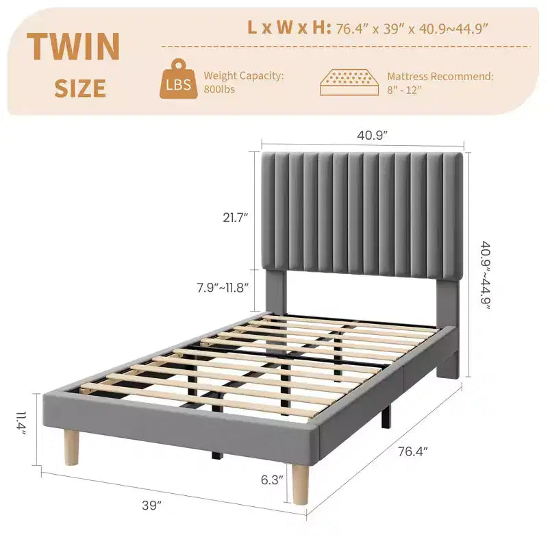 Estructura de cama con cabecero ajustable en altura, no necesita somier, fácil de montar, láminas de madera