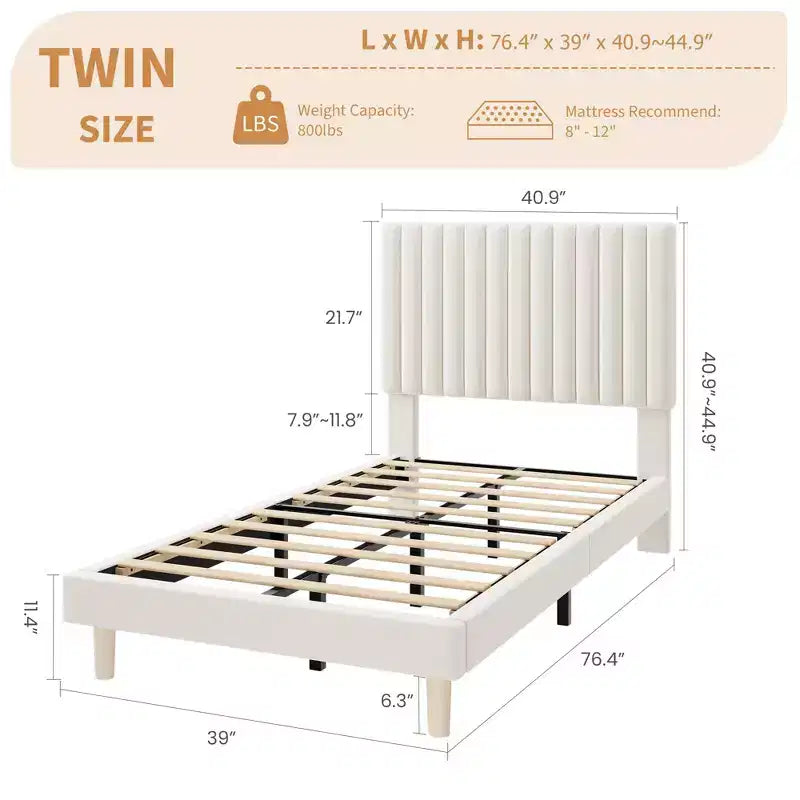 Estructura de cama con cabecero ajustable en altura, no necesita somier, fácil de montar, láminas de madera