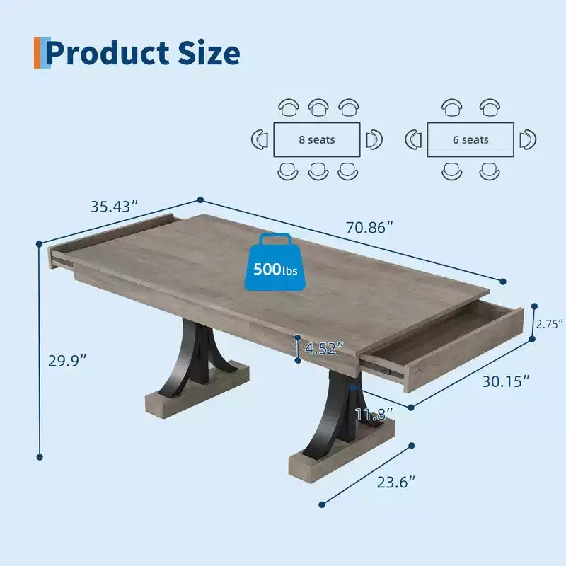 Mesa de comedor grande de 71 para 6-8 personas, mesa de cocina rectangular de madera con 2 cajones y estructura metálica resistente, mesa de comedor de 6 pies para comedor y cocina