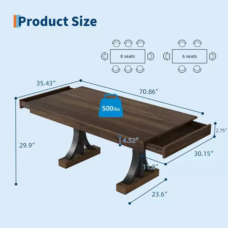 Mesa de comedor grande de 71 para 6-8 personas, mesa de cocina rectangular de madera con 2 cajones y estructura metálica resistente, mesa de comedor de 6 pies para comedor y cocina