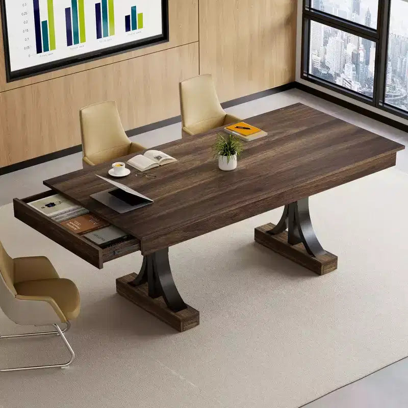 Mesa de comedor grande de 71 para 6-8 personas, mesa de cocina rectangular de madera con 2 cajones y estructura metálica resistente, mesa de comedor de 6 pies para comedor y cocina