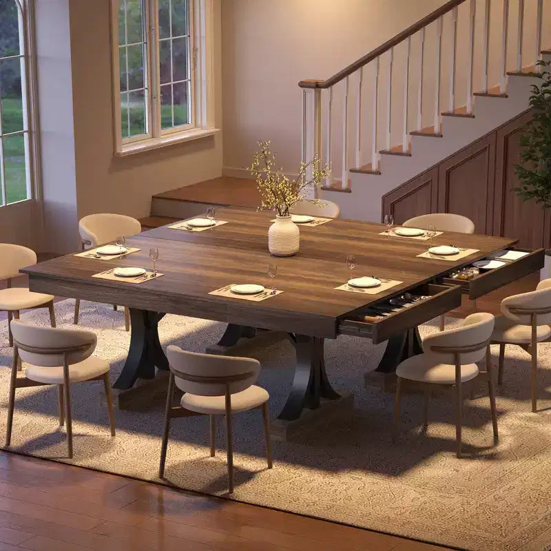 Mesa de comedor grande de 71 para 6-8 personas, mesa de cocina rectangular de madera con 2 cajones y estructura metálica resistente, mesa de comedor de 6 pies para comedor y cocina