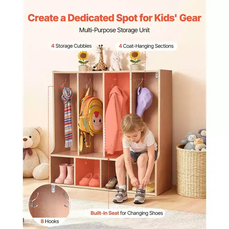 Taquilla infantil de 4 compartimentos, organizador de almacenamiento de madera para niños pequeños con 8 ganchos, alfombrilla antideslizante y 4 cajas pequeñas abiertas, color madera