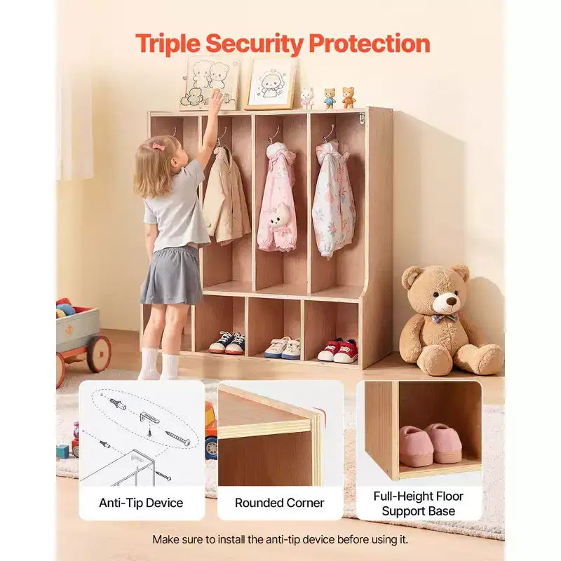 Vestiaire pour enfants à 4 compartiments, meuble de rangement en bois pour tout-petits avec 8 crochets, tapis antidérapant et 4 petits casiers ouverts, couleur bois