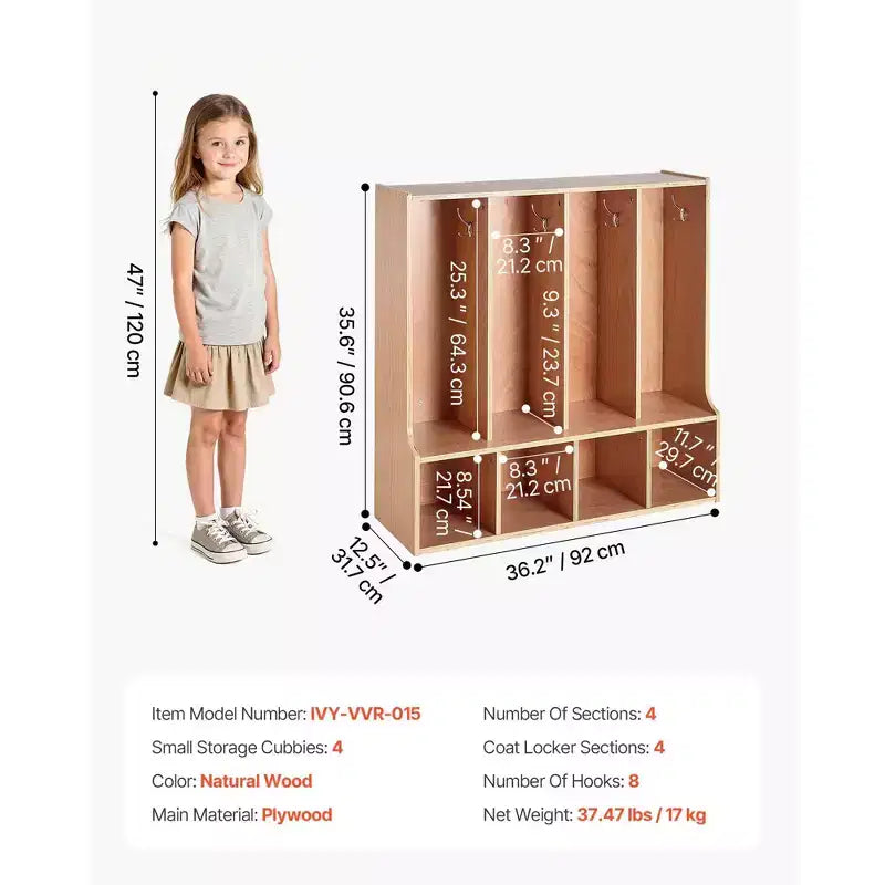 Vestiaire pour enfants à 4 compartiments, meuble de rangement en bois pour tout-petits avec 8 crochets, tapis antidérapant et 4 petits casiers ouverts, couleur bois