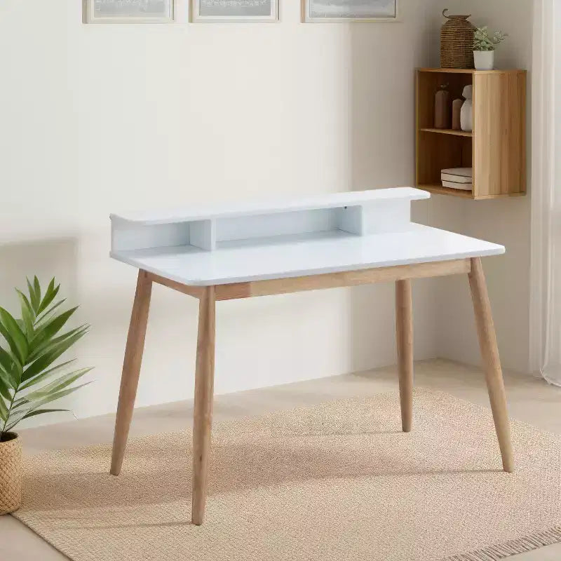 Schreibtisch aus Holz im Mid-Century-Modern-Stil mit Aufsatz und offenen Einlegeböden