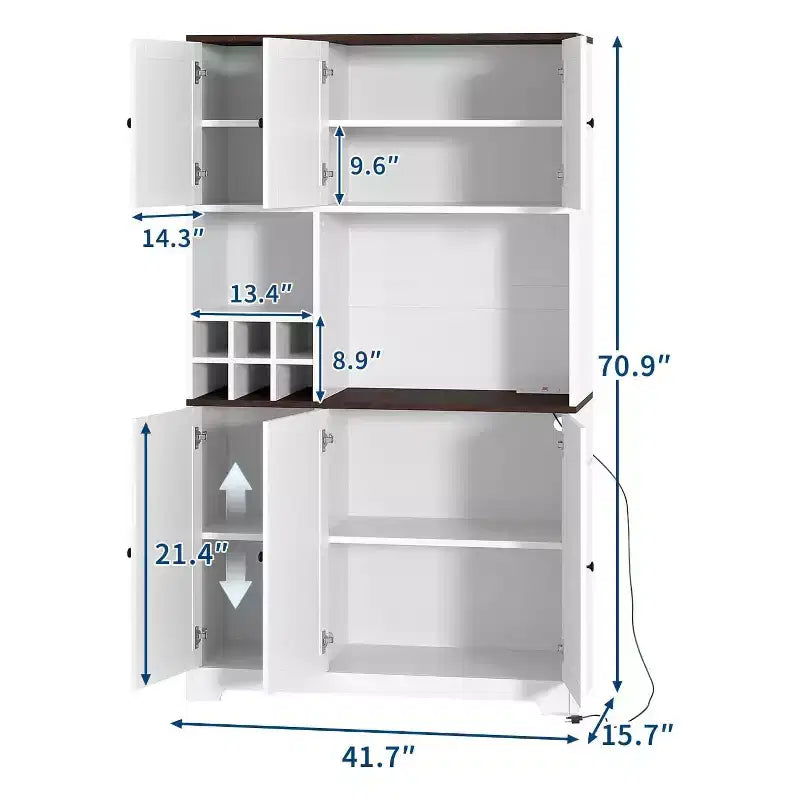 Armoire de cuisine haute de 71, meuble de rangement de cuisine moderne de style maison de campagne, casier à vin, station café autoportante pour la salle à manger et le salon