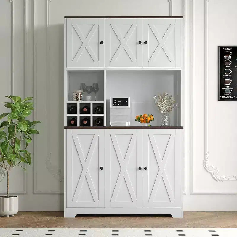 Armoire de cuisine haute de 71, meuble de rangement de cuisine moderne de style maison de campagne, casier à vin, station café autoportante pour la salle à manger et le salon