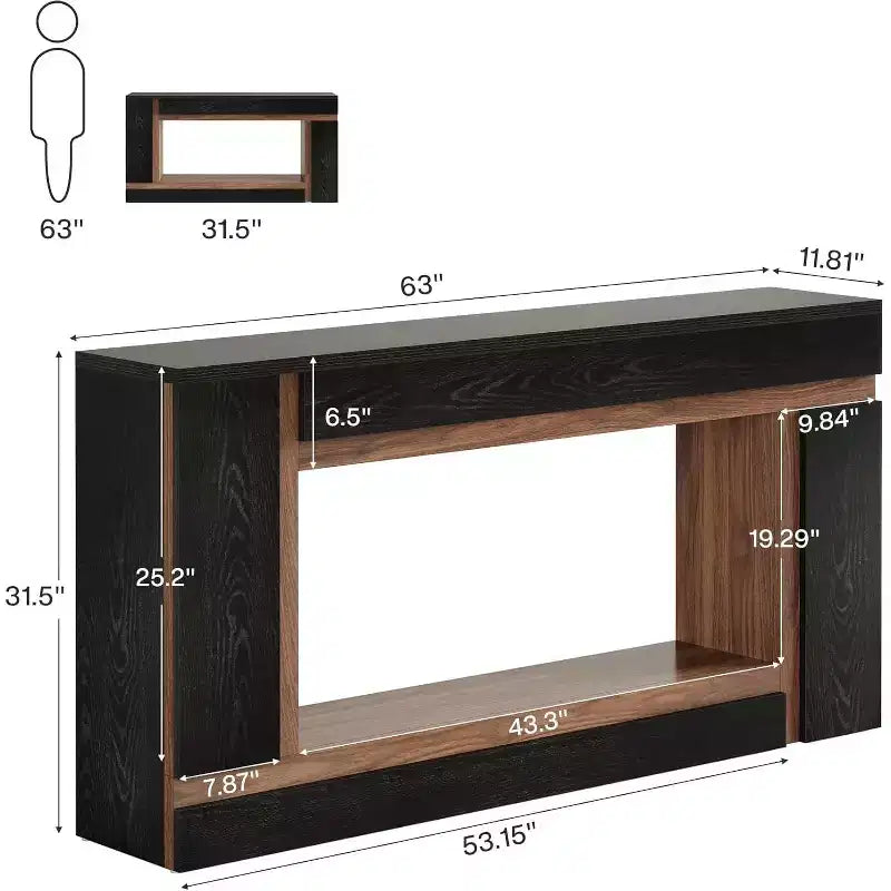 Mesa consola larga de 63 pulgadas para la entrada, mesa de sofá de madera de 2 niveles para colocar detrás del sofá, para pasillo, vestíbulo, puerta principal y sala de estar, negro y nogal