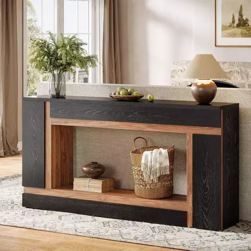 Langer Konsolentisch für den Eingangsbereich, 63 Zoll, zweistöckiger Holztisch hinter dem Sofa für Flur, Eingangsbereich, Haustür und Wohnzimmer, Schwarz und Walnuss