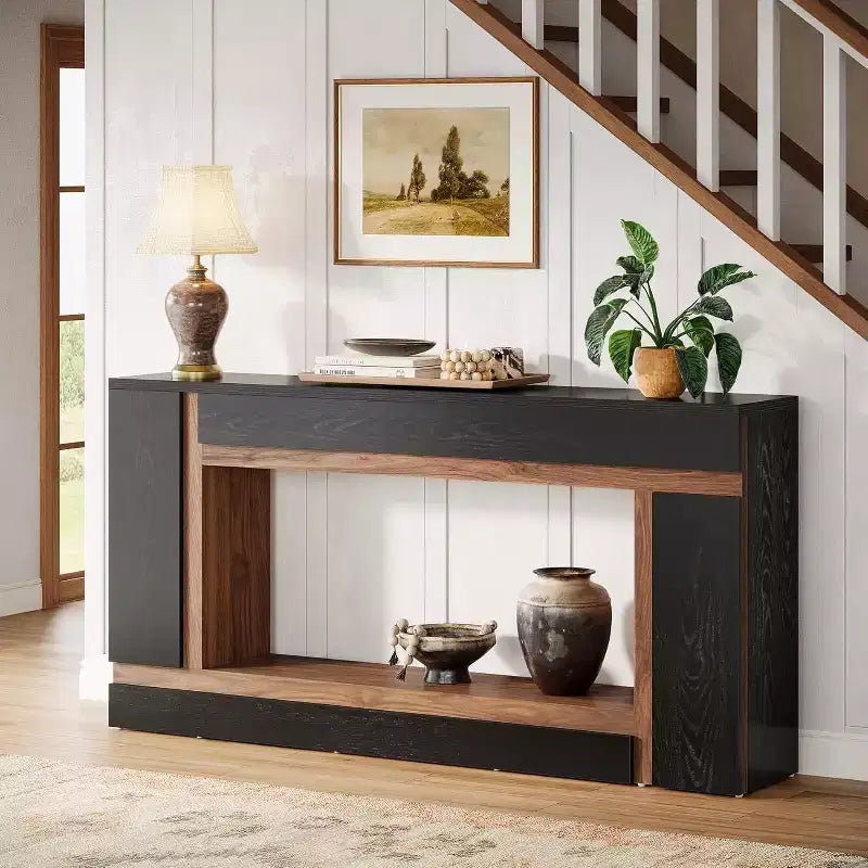 Mesa consola larga de 63 pulgadas para la entrada, mesa de sofá de madera de 2 niveles para colocar detrás del sofá, para pasillo, vestíbulo, puerta principal y sala de estar, negro y nogal