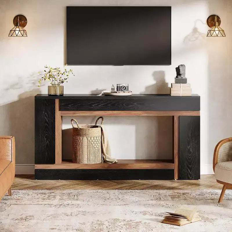 Mesa consola larga de 63 pulgadas para la entrada, mesa de sofá de madera de 2 niveles para colocar detrás del sofá, para pasillo, vestíbulo, puerta principal y sala de estar, negro y nogal