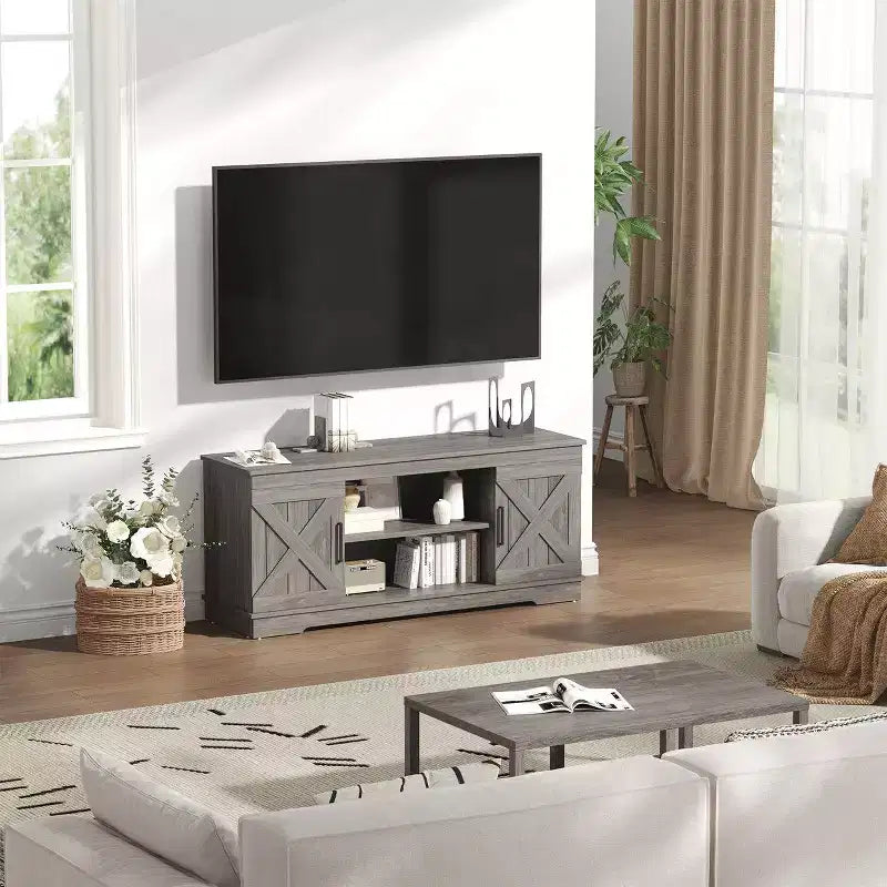 Mueble para TV de estilo moderno rústico de 58'' para televisores de hasta 65, capacidad de 200 lbs, estantes de almacenamiento ajustables