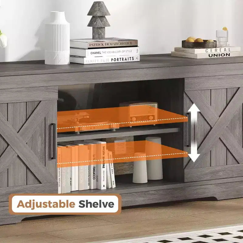 58'' moderner TV-Ständer im Landhausstil für Fernseher bis zu 65 - Naturgrau, Tragkraft 200 lbs, verstellbare Einlegeböden