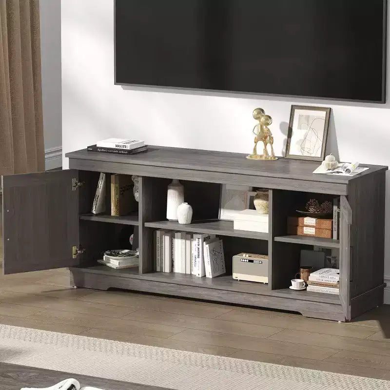 58'' moderner TV-Ständer im Landhausstil für Fernseher bis zu 65 - Naturgrau, Tragkraft 200 lbs, verstellbare Einlegeböden