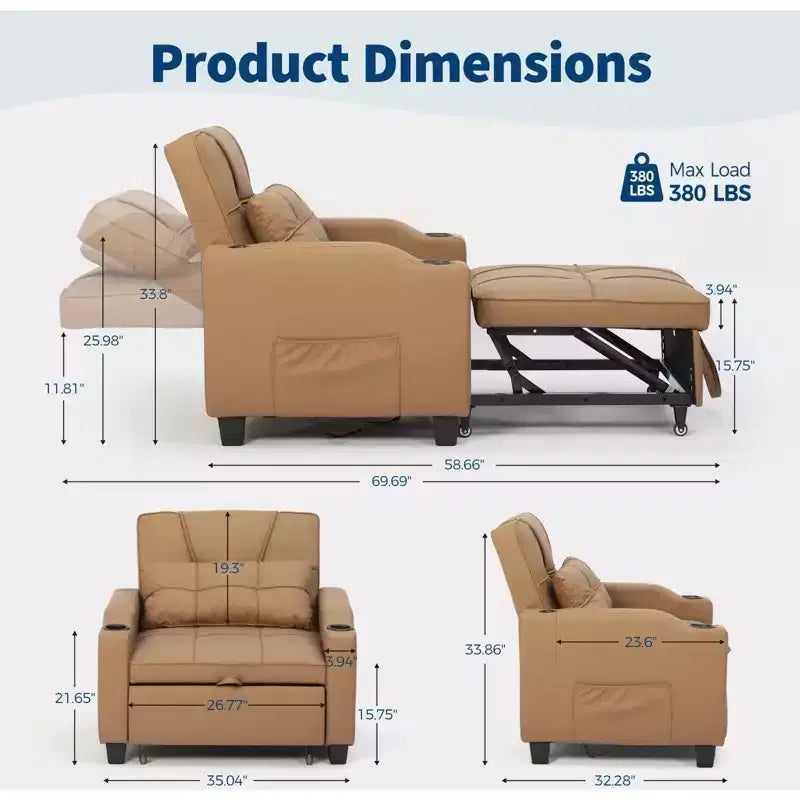 3-in-1-Schlafsessel, umwandelbar zum Bett, mit USB-Anschlüssen, Getränkehaltern und Seitentaschen - ausziehbares Sofa mit verstellbarer Rückenlehne für kleine Räume