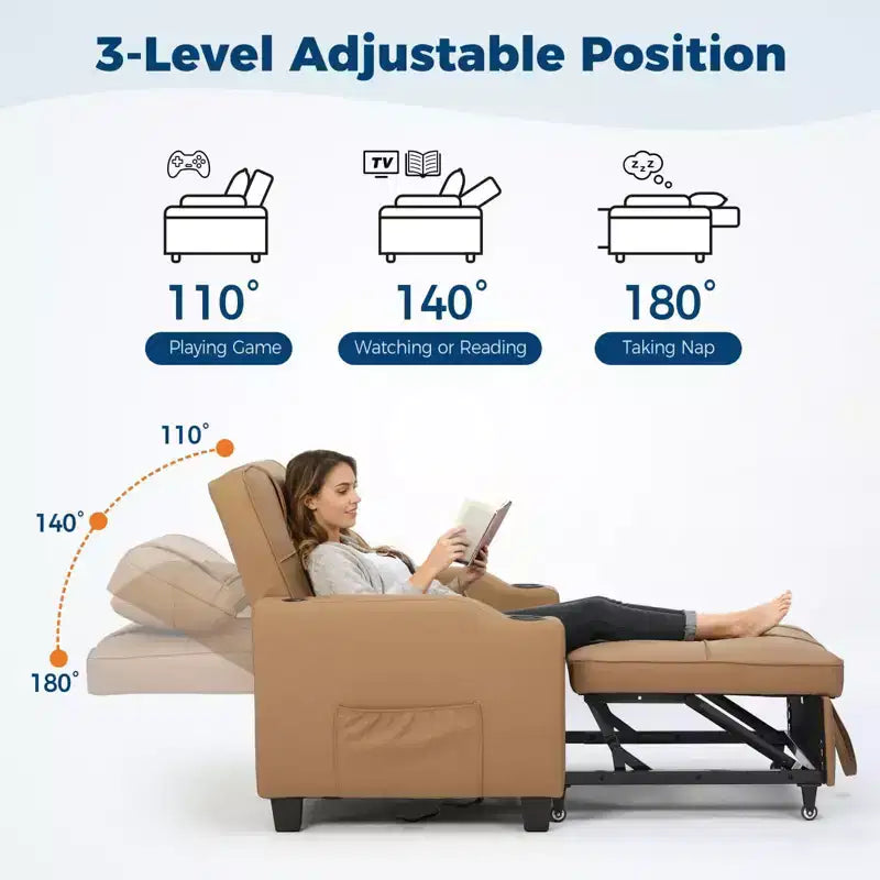 3-in-1-Schlafsessel, umwandelbar zum Bett, mit USB-Anschlüssen, Getränkehaltern und Seitentaschen - ausziehbares Sofa mit verstellbarer Rückenlehne für kleine Räume