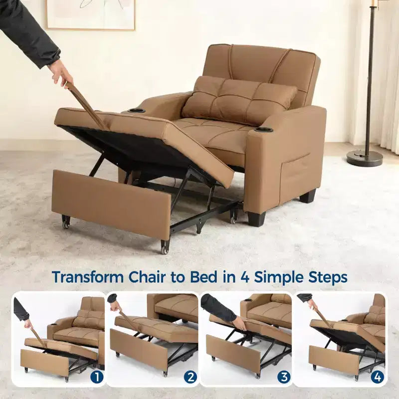 3-in-1-Schlafsessel, umwandelbar zum Bett, mit USB-Anschlüssen, Getränkehaltern und Seitentaschen - ausziehbares Sofa mit verstellbarer Rückenlehne für kleine Räume