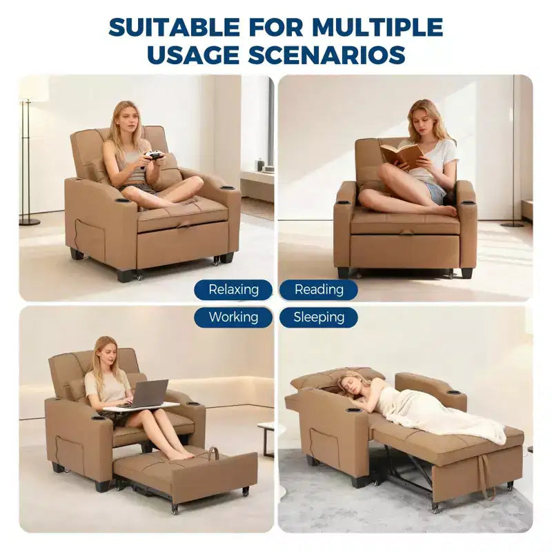 3-in-1-Schlafsessel, umwandelbar zum Bett, mit USB-Anschlüssen, Getränkehaltern und Seitentaschen - ausziehbares Sofa mit verstellbarer Rückenlehne für kleine Räume