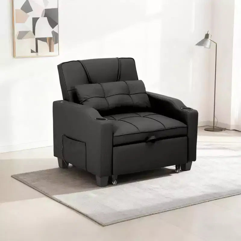 3-in-1-Schlafsessel, umwandelbar zum Bett, mit USB-Anschlüssen, Getränkehaltern und Seitentaschen - ausziehbares Sofa mit verstellbarer Rückenlehne für kleine Räume