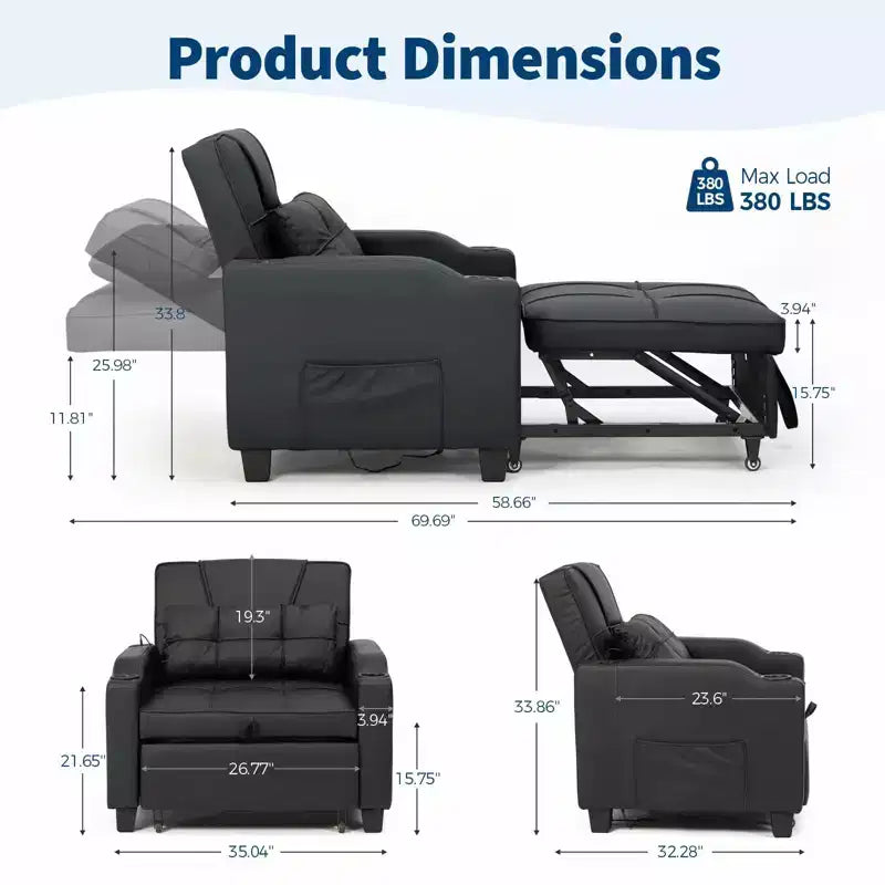Sillón cama convertible 3 en 1 con puertos USB, portavasos y bolsillos laterales - Sofá extraíble con respaldo ajustable para espacios pequeños