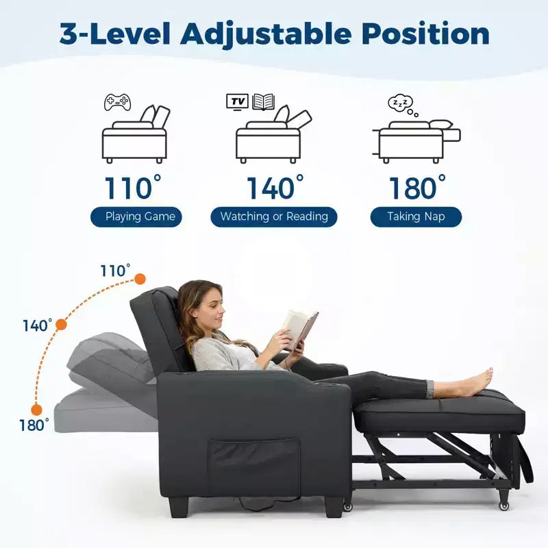 Sillón cama convertible 3 en 1 con puertos USB, portavasos y bolsillos laterales - Sofá extraíble con respaldo ajustable para espacios pequeños
