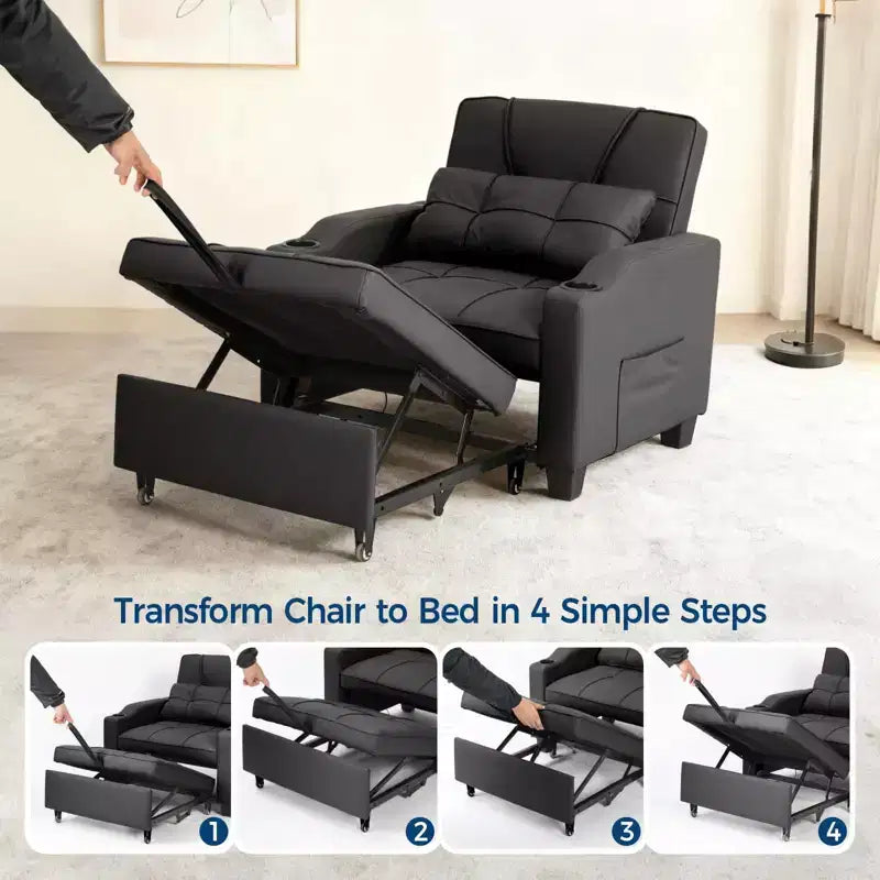 Sillón cama convertible 3 en 1 con puertos USB, portavasos y bolsillos laterales - Sofá extraíble con respaldo ajustable para espacios pequeños