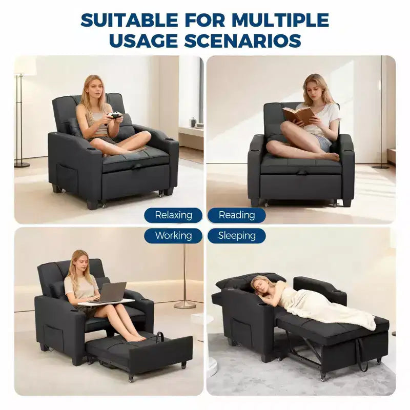 3-in-1-Schlafsessel, umwandelbar zum Bett, mit USB-Anschlüssen, Getränkehaltern und Seitentaschen - ausziehbares Sofa mit verstellbarer Rückenlehne für kleine Räume