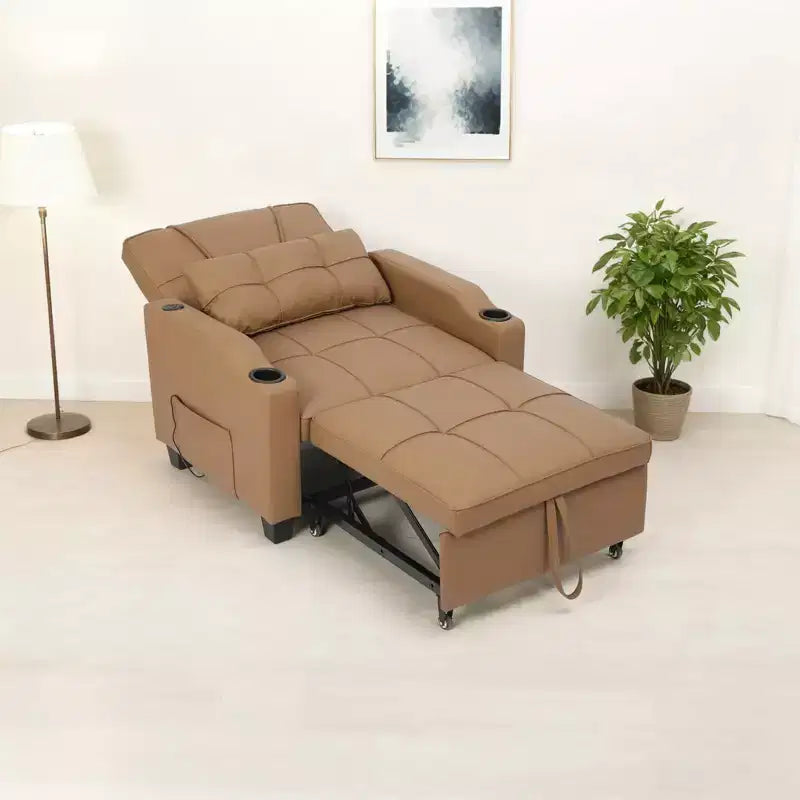 Sillón cama convertible 3 en 1 con puertos USB, portavasos y bolsillos laterales - Sofá extraíble con respaldo ajustable para espacios pequeños