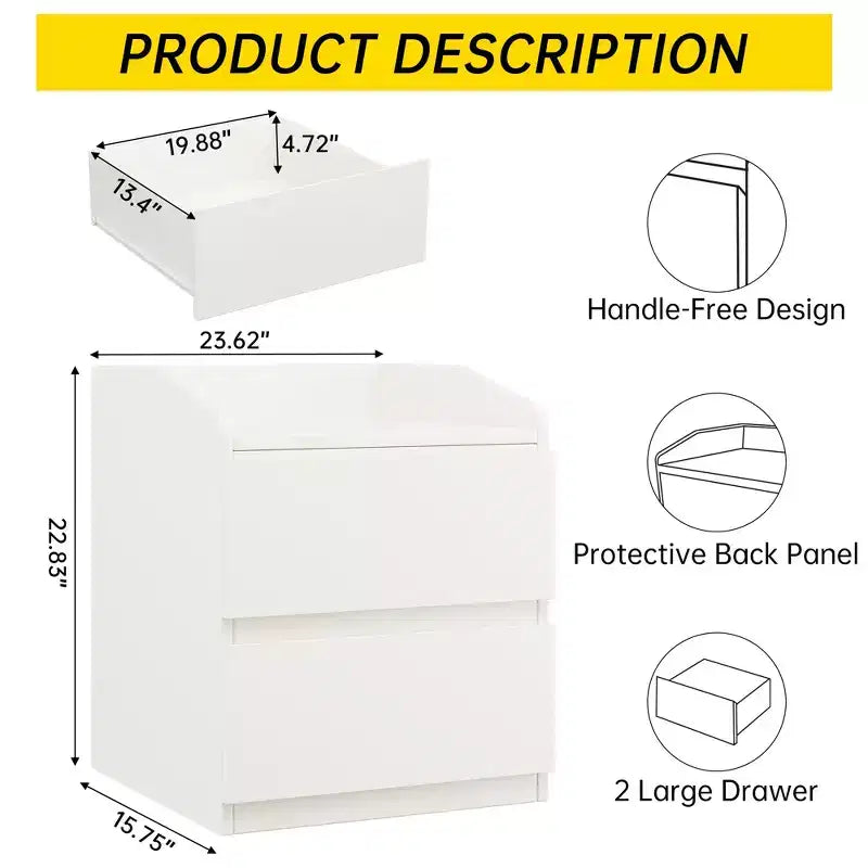 Mesita de noche, mesa de noche moderna, 2 cajones, diseño sin tiradores, para sala de estar