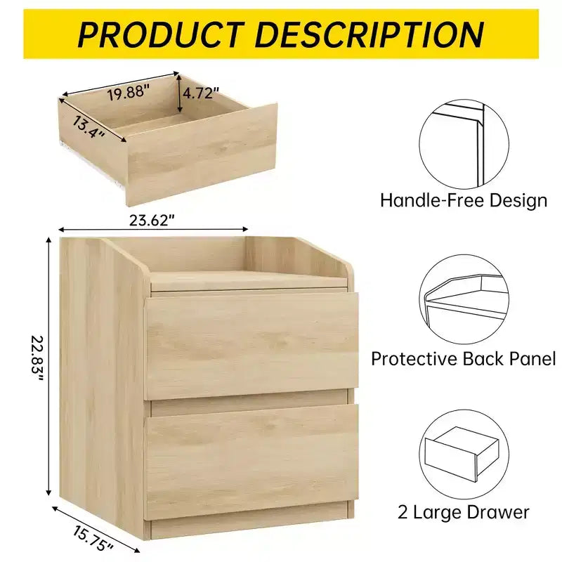 Mesita de noche, mesa de noche moderna, 2 cajones, diseño sin tiradores, para sala de estar